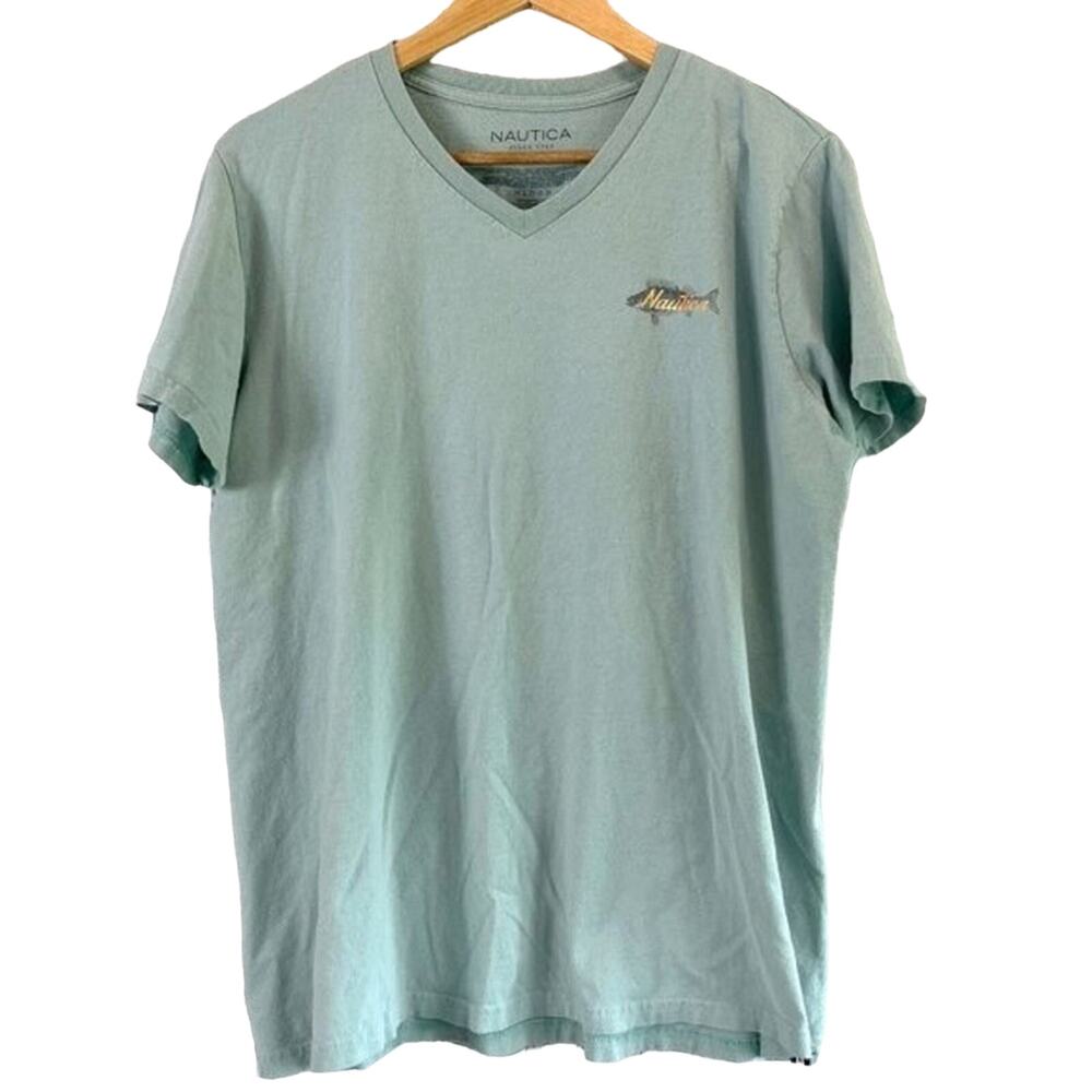 Nautica Medium Teal Fish Shirt Classic Fit V-neck Fishing Tee - Picture 2 of 6